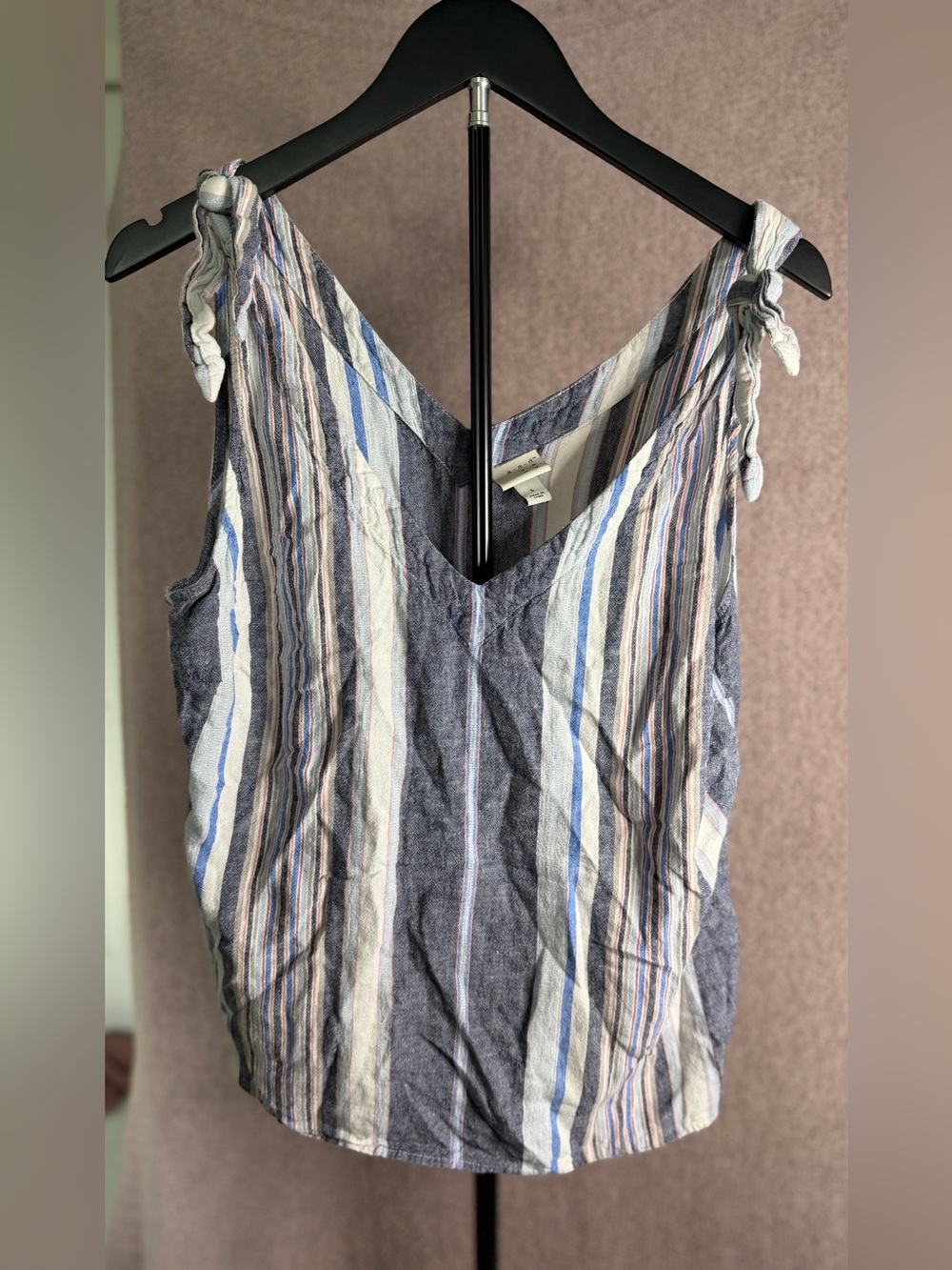 a new day Striped V-Neck Tie-Shoulder Tank - Blue, White, Tan